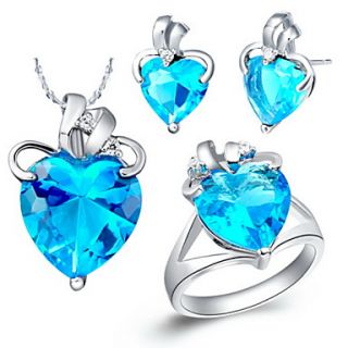 Classic Silver Plated Cubic Zirconia Heart Womens Jewelry Set(Necklace,Earrings,Ring)(Blue,Purple)