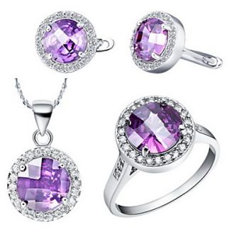 Sweet Silver Plated Cubic Zirconia Round Womens Jewelry Set(Necklace,Earrings,Ring)(Red,Purple)