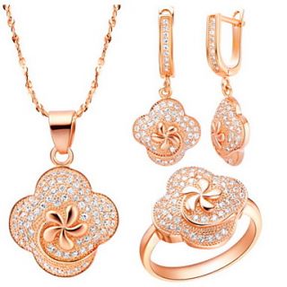 Original Silver Plated Cubic Zirconia Flower On Clover Womens Jewelry Set(Necklace,Earrings,Ring)(Gold,Silver)