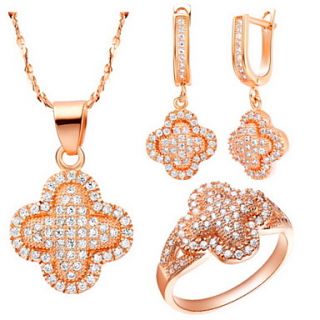 Charming Silver Plated Cubic Zirconia Clover Womens Jewelry Set(Necklace,Earrings,Ring)(Gold,Silver)
