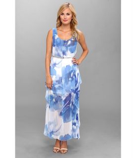 Calvin Klein Printed Chiffon Maxi Dress Womens Dress (Blue)