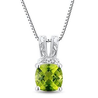 Classic Sterling Silver Platinum Plated with Peridot and Diamonds Womens Necklace