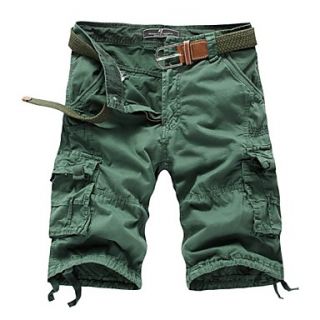 Mens Solid Color Multi Pocket Straight Shorts(without Belt) 9621 Green