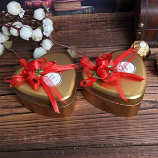 Gold Heart shaped Iron Favor Tins With Flowers and Bow   Set of 6