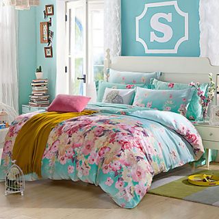 Duvet Cover Set,4 Piece Reactive Print Silky Country Botanical Floral Pink