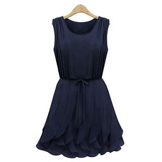 WeiMeiJia Womens Simple Pleated Ruffle Chiffon Dress(Navy Blue)