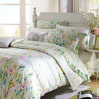 Duvet Cover Set,4 Piece Reactive Print Silky Country Botanical Floral Green