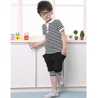 Childrens Stand Collar Stripes Casual Short Sleeve Clothing Sets