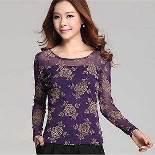 Womens Round Collar Lace Printing Rose Yarn Long Sleeve Slim T Shirt
