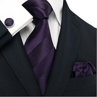 Mens Landisun Dark Purple Stripes Silk Tie Set Tie Hanky Cufflinks Landisun Exclusive