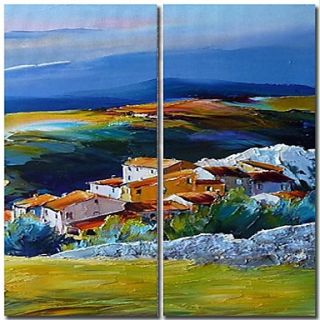 Hand Painted Oil Painting Landscape Small Village in The Distance with Stretched Frame Set of 2
