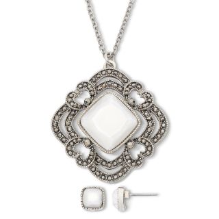 LIZ CLAIBORNE White Stone & Marcasite Pendant & Earrings Set, Whte