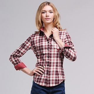 Veri Gude Womens New Product Bodycon 100% Cotton Check Long Sleeve Dark Red Shirt