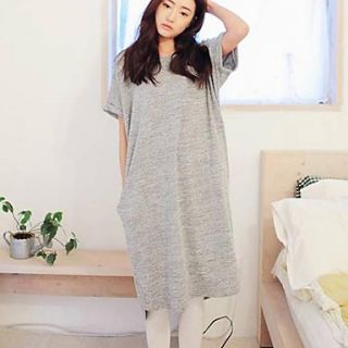 Womens Korean Style Vintage Loose Short Sleeve Long Dress