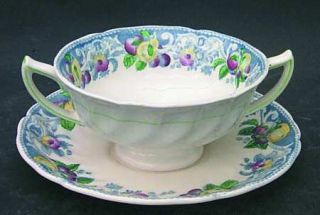 Royal Doulton Pomeroy Blue Multicolor Footed Cream Soup Bowl & Saucer Set, Fine