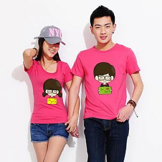 Aiyifang Casual Cartoon Print Lovers T Shirt(Pink)