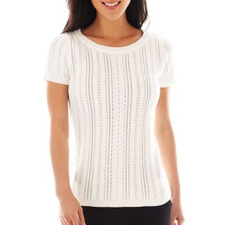 LIZ CLAIBORNE Short Sleeve Cable Knit Sweater, White, Womens