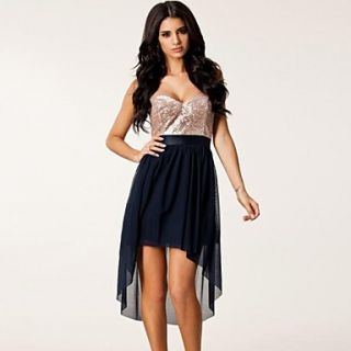 Womens Navy Nude Sequin High Low Cocktail Dress