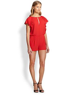 BCBGMAXAZRIA Flutter Sleeved Split Back Short Jumpsuit   Poppy