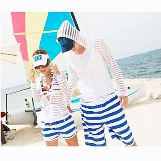 Fashionable Blue and White Stripe Lovers Beach Pants (Men and Women Two Sets)