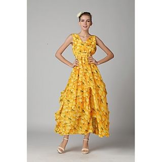 Swd Round Neck Wrap Chest Floral Dress (Yellow)