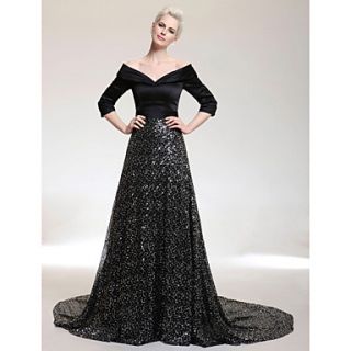 A line V neck Court Train Satin And Sequined Evening Dress inspired by Oprah Winfrey at the 83rd Oscar