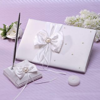 Ivory Wedding Guest Book And Pen Set With Pearl Accents