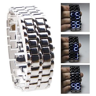 Silvery Metal Strip Digital Lava Style Iron Sport Womens Blue LED Faceless Wrist Watch