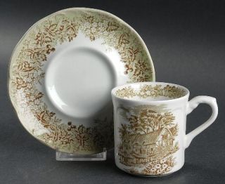 J & G Meakin Romantic England Green Flat Cup & Saucer Set, Fine China Dinnerware