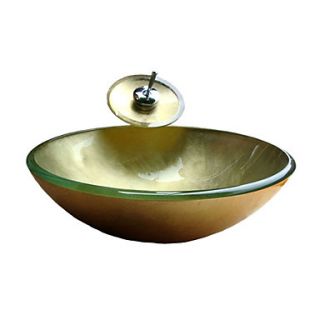 Victory Round Golden Tempered glass Vessel Sink With Waterfall Faucet, Mounting Ring and Water Drain(0917 VT4042)