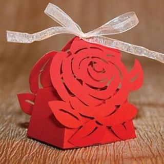 Laser Cut Red Rose Favor Box With Ribbon (Set of 12)