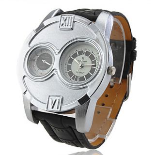 Mens Sports Style Silver Case Black Leather Band Quartz Wrist Watch