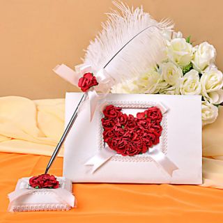 White Wedding Guest Book and Feather Pen Set With Rose Petals