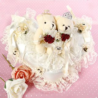 Hear Shaped Ring Pillow In Ivory Satin And Lace With Bear Couple