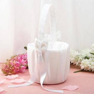 Flower Basket In White Satin With Lily Ribbons
