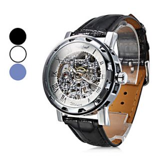 Mens Semi Mechanical Hollow Engraving Black PU Band Analog Wrist Watch (Assorted Colors)