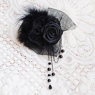 Handmade Black Satin Rose Organza Flower Gothic Brooch with Tassels