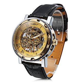 Mens Semi Mechanical Hollow Engraving Gold Dial Black PU Band Analog Wrist Watch