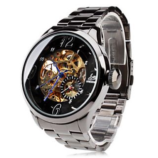 Mens Auto Mechanical Hollow Dial Black Steel Band Wrist Watch