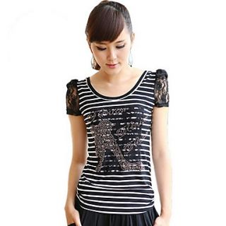 Womens Lace Puff Sleeve Stripes T shirt