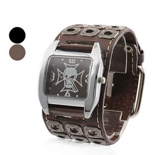 Mens Skull Style Leather Analog Quartz Wrist Watch (Black)