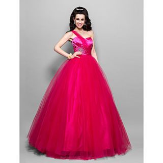 Ball Gown One Shoulder Floor length Tulle And Stretch Satin Evening/Prom Dress