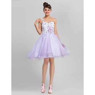 Ball Gown One Shoulder Knee length Tulle Cocktail/Prom Dress With Beading