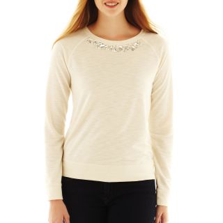 Jewel Neck Embellished Sweatshirt, Ivory, Womens