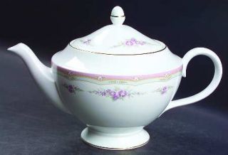 Wedgwood Rosalie Teapot & Lid, Fine China Dinnerware   Bone, Pink & Gray Bands,