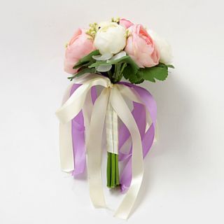 Pretty Round Shape Satin Rose With Ribbon Wedding Bridal Bouquet