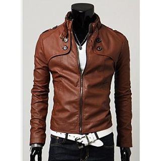 Mens Stand Collar PU Leather Motorcycle Coat