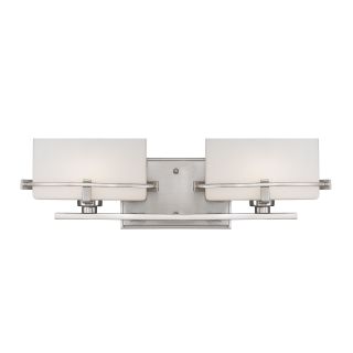 Quoizel Nolan Two light Bath Fixture (Steel Finish Brushed nickel Glass Elliptical etch opal glassNumber of lights Two (2)Requires two (2) 75 Watt Frosted G9 Halogen bulbs (included)Dimensions 5.5 inches high x 19 inches wide x 6 inch extensionShade d