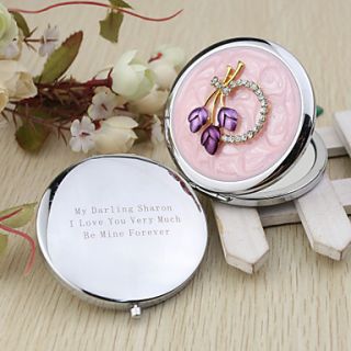Personalized Floral Chrome Compact Mirror Favor With Rhinestone
