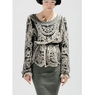 Womens Lace Embroidery Crochet Cutout Puff Sleeve Blouse